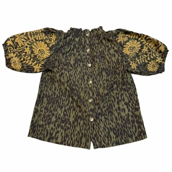 THML Olive Leopard Print Blouse w Tan Embroidered Puff Sleeves Size M - Picture 2 of 10